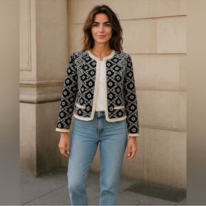 Atmosphere quilted black cream open front abstract bohemian  blazer jacket 8